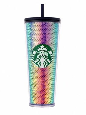 Starbucks Rainbow Sequin Tumbler with Green Logo and Black Lid